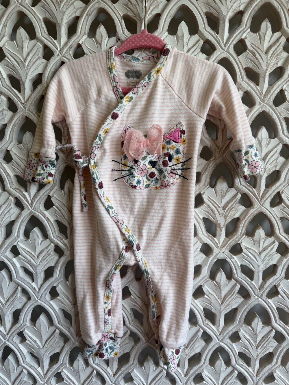 Mud Pie Pink Striped Floral Cat Wrap Footie, 0-3M